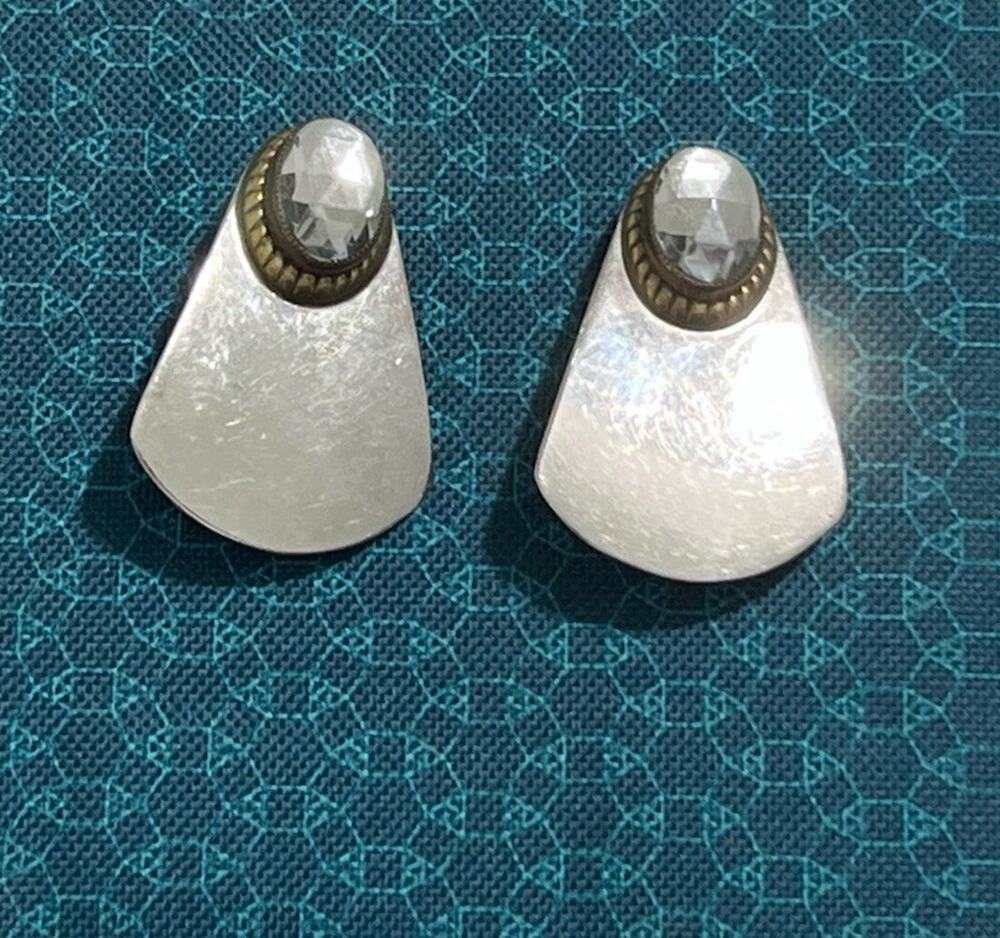 Vintage 80s Fan Shaped Clip On Earrings Large Rhinestone Silvertone Signed Jan ?